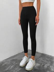 EURMUSE Nine-Quarter Length High-Waisted Solid Color Casual Leggings - Black - View 5