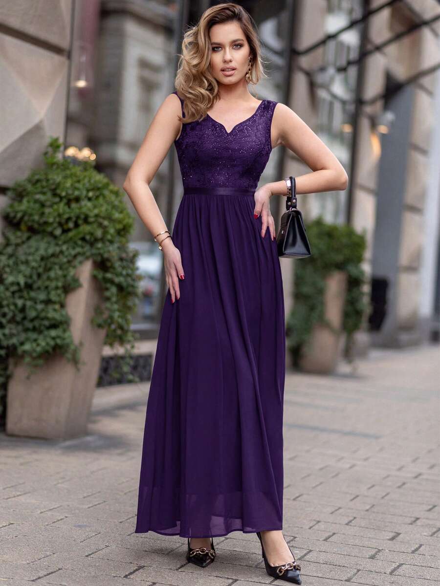 MIUSOL Sweetheart Neck Sequin Insert Contrast Lace Chiffon Maxi Formal Dress Wedding Guest Prom Dresses For Women - Violet Purple - View 1