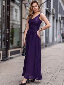 MIUSOL Sweetheart Neck Sequin Insert Contrast Lace Chiffon Maxi Formal Dress Wedding Guest Prom Dresses For Women - Violet Purple - View 6