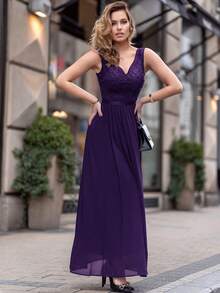 MIUSOL Sweetheart Neck Sequin Insert Contrast Lace Chiffon Maxi Formal Dress Wedding Guest Prom Dresses For Women - Violet Purple - View 7
