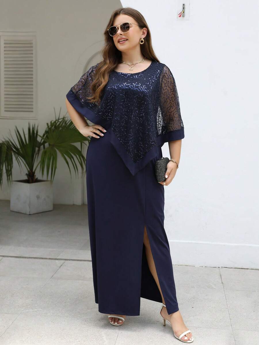 Nemidor 大碼亮片拼接高衩連衣裙