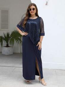 Nemidor 大碼亮片拼接高衩連衣裙