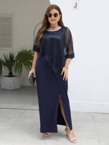 Nemidor 大碼亮片拼接高衩連衣裙