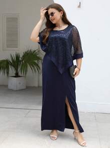 Nemidor 大碼亮片拼接高衩連衣裙