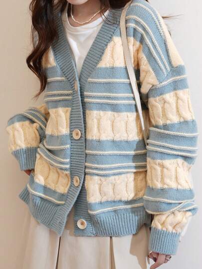Alicedudu Colorblock Drop Shoulder Cardigan