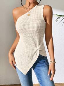 SHEIN LUNE One Shoulder Twist Front Asymmetrical Hem Waffle Knit Top