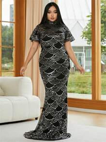seomiscky Plus Mock Neck Sequin Mermaid Hem Formal Dress - Multicolor - View 1