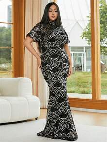 seomiscky Plus Mock Neck Sequin Mermaid Hem Formal Dress - Multicolor - View 3