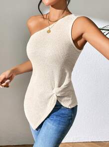 SHEIN LUNE One Shoulder Twist Front Asymmetrical Hem Waffle Knit Top