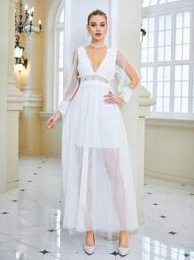 Plunge Neck Split Sleeve Mesh Overlay Wedding Dress - White - View 1