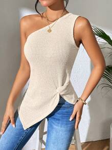 SHEIN LUNE One Shoulder Twist Front Asymmetrical Hem Waffle Knit Top