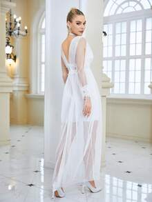 Plunge Neck Split Sleeve Mesh Overlay Wedding Dress - White - View 2