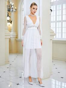 Plunge Neck Split Sleeve Mesh Overlay Wedding Dress - White - View 3