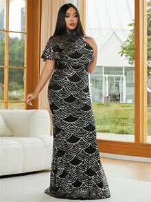 seomiscky Plus Mock Neck Sequin Mermaid Hem Formal Dress - Multicolor - View 5