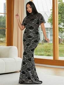 seomiscky Plus Mock Neck Sequin Mermaid Hem Formal Dress - Multicolor - View 6