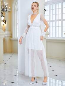 Plunge Neck Split Sleeve Mesh Overlay Wedding Dress - White - View 4