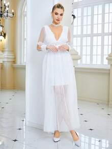 Plunge Neck Split Sleeve Mesh Overlay Wedding Dress - White - View 5