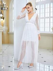 Plunge Neck Split Sleeve Mesh Overlay Wedding Dress - White - View 6