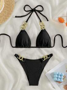 連鎖項圈三角比基尼套裝 - 黑色 - 查看 1