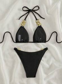 連鎖項圈三角比基尼套裝 - 黑色 - 查看 2