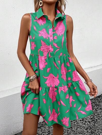 EMERY ROSE Floral Print Ruffle Hem Smock Dress