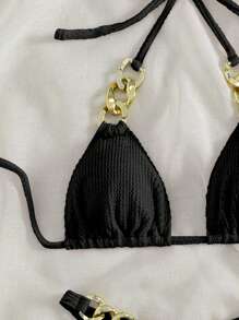 連鎖項圈三角比基尼套裝 - 黑色 - 查看 4