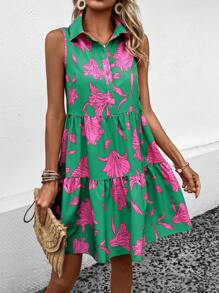 EMERY ROSE 印花荷葉邊娃娃裙 - 綠色 - 查看 6