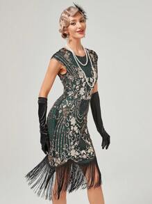Floral Sequin Fringe Hem Dress - Green - View 2