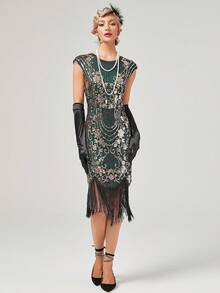 Floral Sequin Fringe Hem Dress - Green - View 4