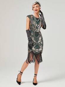 Floral Sequin Fringe Hem Dress - Green - View 5