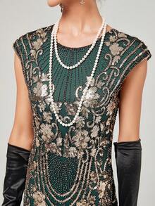 Floral Sequin Fringe Hem Dress - Green - View 6