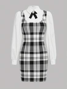 SHEIN Teen Girl Plaid Print 2 In 1 Dress With Bow Tie - Black and White - View 1