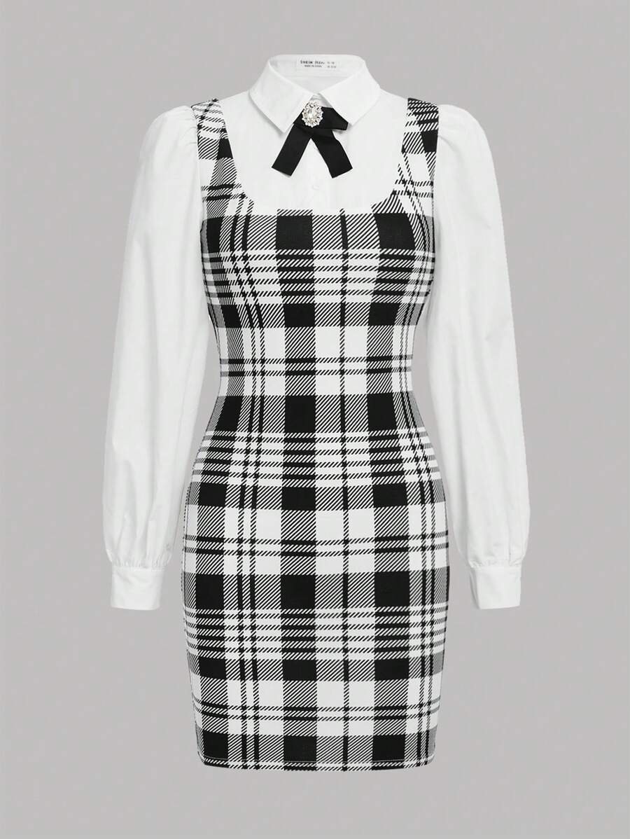 SHEIN Teen Girl Plaid Print 2 In 1 Dress With Bow Tie - Black and White - View 1