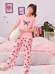Teen Girl Butterfly Print Tee & Pants PJ Set