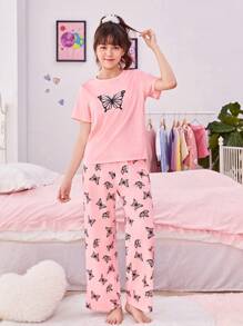 Teen Girl Butterfly Print Tee & Pants PJ Set