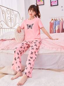 Teen Girl Butterfly Print Tee & Pants PJ Set