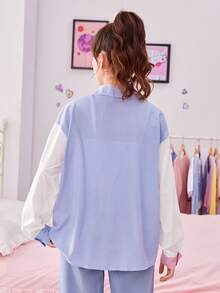 SHEIN 青少年女孩條紋印花撞色落肩袖襯衫 - 彩色 - 查看 2