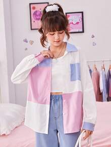 SHEIN 青少年女孩條紋印花撞色落肩袖襯衫 - 彩色 - 查看 4