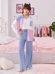 SHEIN 青少年女孩條紋印花撞色落肩袖襯衫 - 彩色 - 查看 5