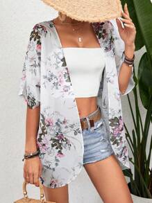 SHEIN Swim Floral Print Batwing Sleeve Chiffon Kimono,Summer Beach - White - View 1