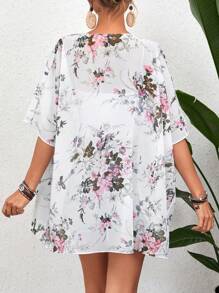 SHEIN Swim Floral Print Batwing Sleeve Chiffon Kimono,Summer Beach - White - View 2