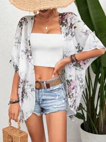 SHEIN Swim Floral Print Batwing Sleeve Chiffon Kimono,Summer Beach - White - View 3