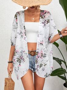 SHEIN Swim Floral Print Batwing Sleeve Chiffon Kimono,Summer Beach - White - View 4