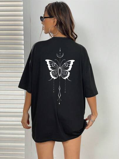 INAWLY Butterfly Print Drop Shoulder Tee Graphic Tees Women Tops