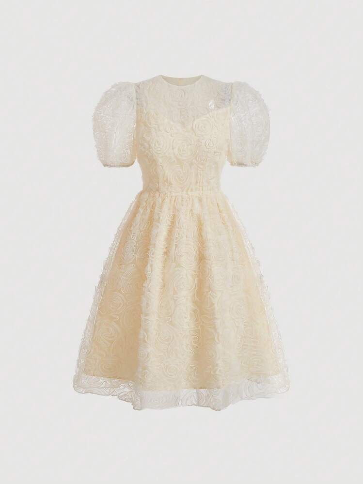 SHEIN MOD שרוול מנופח שמלת רשת - בז' - ראה 2