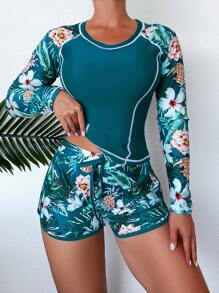 Rashguard de manga larga con pantalón corto y estampado tropical para la playa de verano - Verde - Ver 1