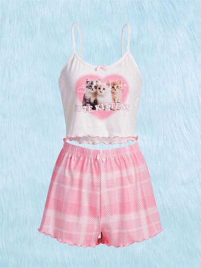 Kawaii Cartoon Graphic Lettuce Trim PJ Set, School