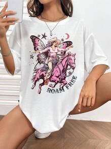 SHEIN EZwear 人像&蝴蝶圖案落肩T恤 - 白色 - 查看 1