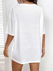 SHEIN EZwear 人像&蝴蝶圖案落肩T恤 - 白色 - 查看 2