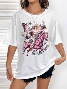 SHEIN EZwear 人像&蝴蝶圖案落肩T恤 - 白色 - 查看 3